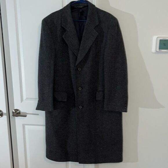 Herringbone Wool Gray Long winter Traditional 3 button Trenchcoat Overcoat XL - Picture 1 of 8